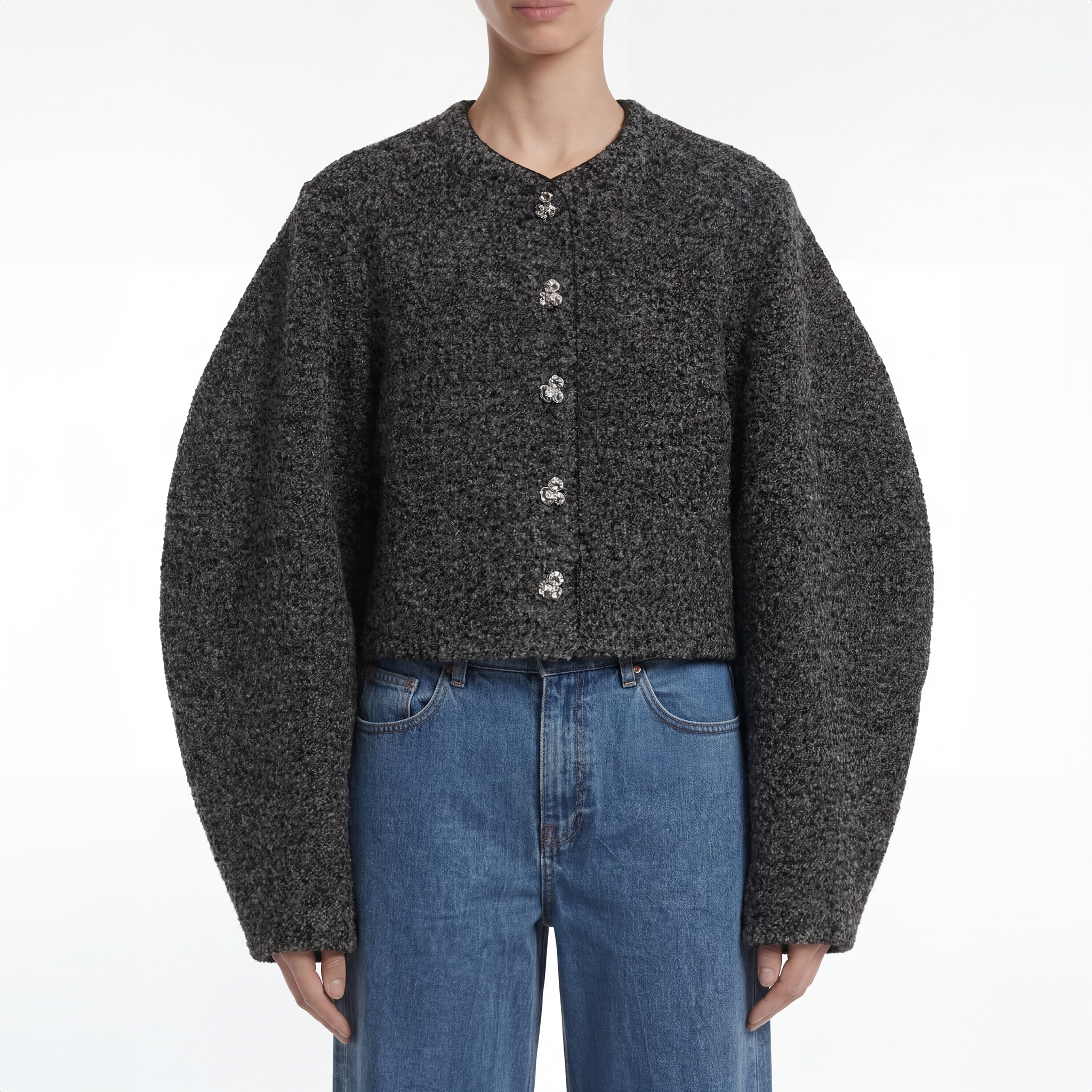 Rotate Boucle Short Jacket Gray Pinstripe