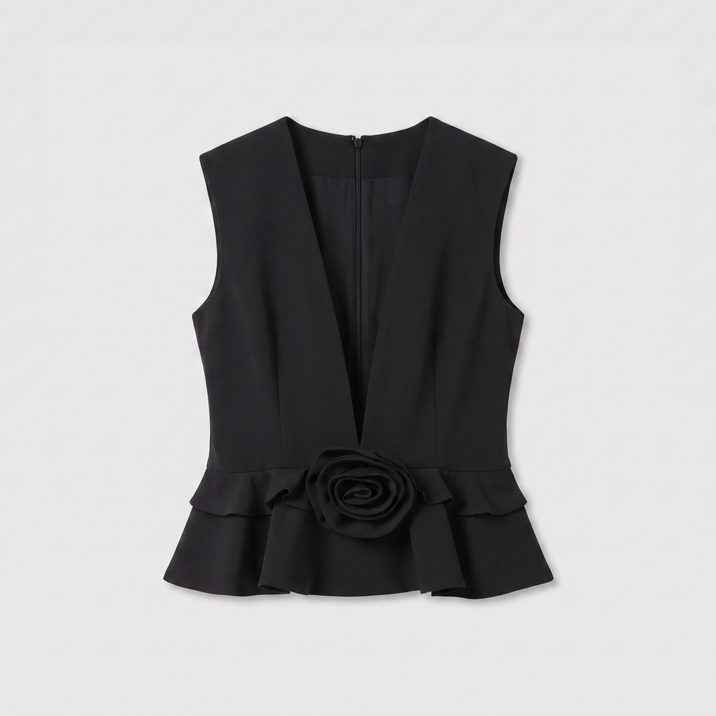 Rotate V-Neck Flower Top Black