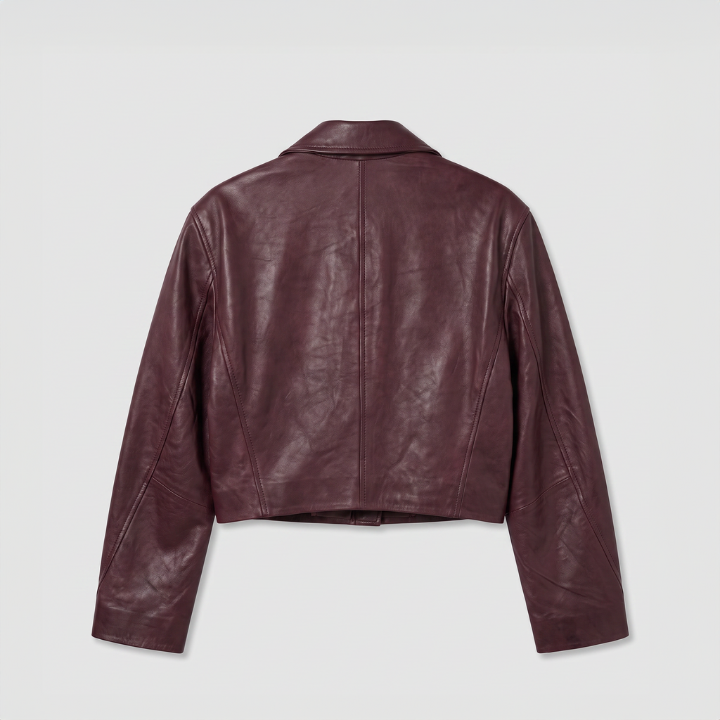 Rotate Boxy Square Leather Jacket Deep Magohany