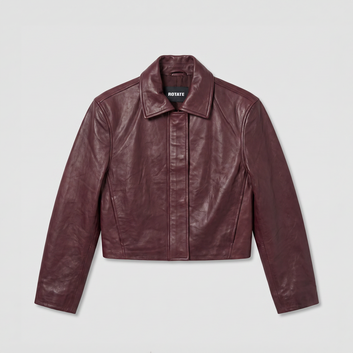 Rotate Boxy Square Leather Jacket Deep Magohany