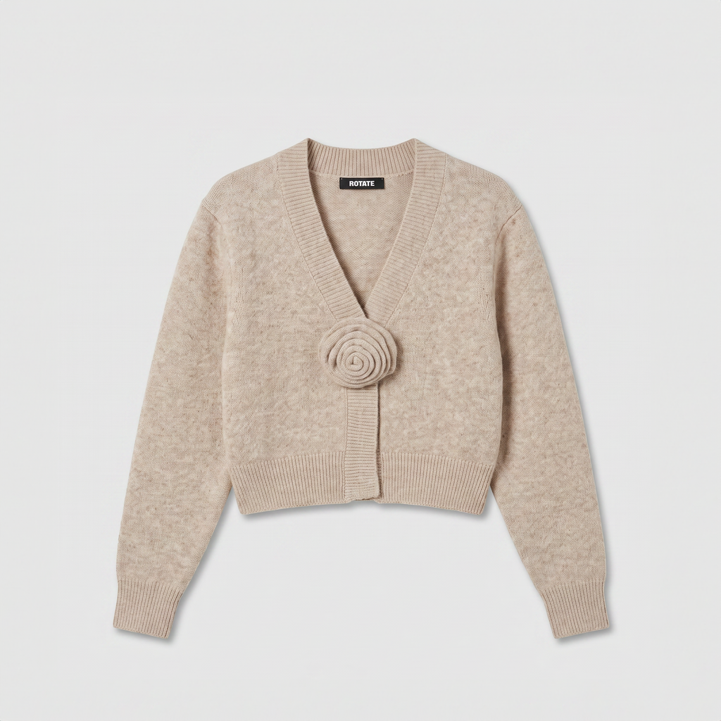 Rotate Knit Flower Cardigan Oxford Tan