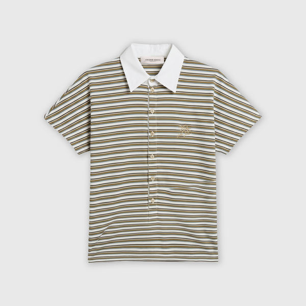 Golden Goose Journey W's Slim Poloshirt Kimono Sleeve Striped Off White/ Sea Turtle