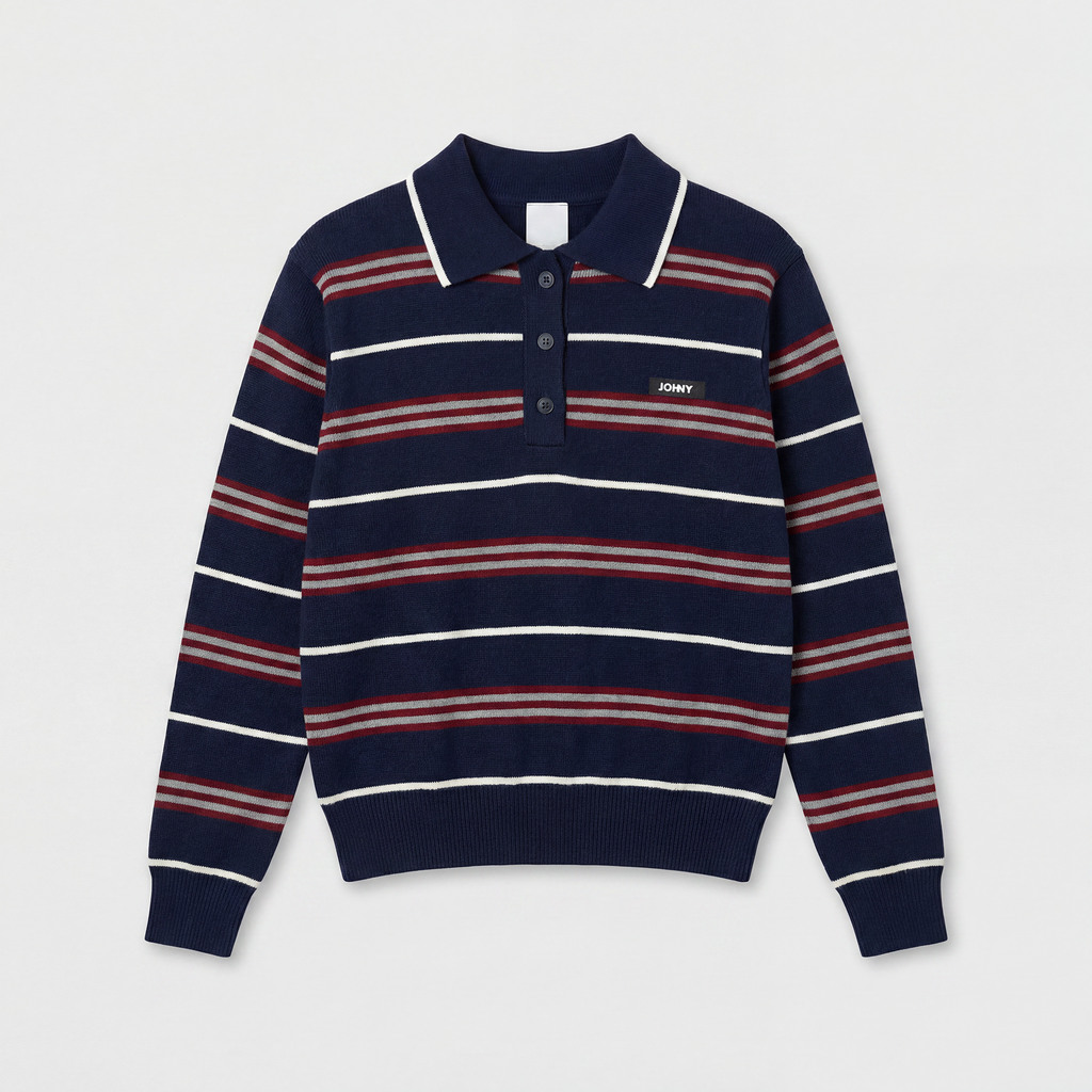 Johny Gino Cashwool Polo Long Sleeve Blue/ Burgundy