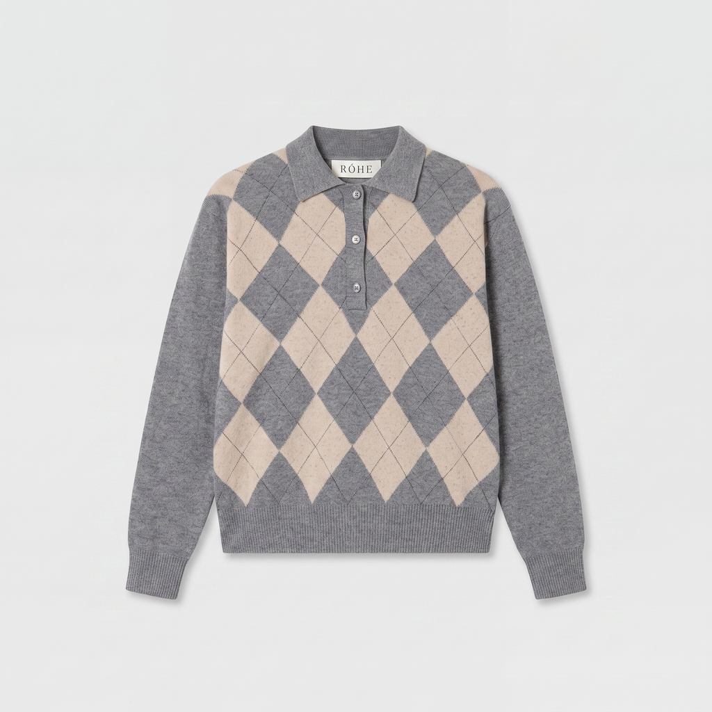 Róhe Argyle Mouliné Poloshirt Grey/ Oat Check