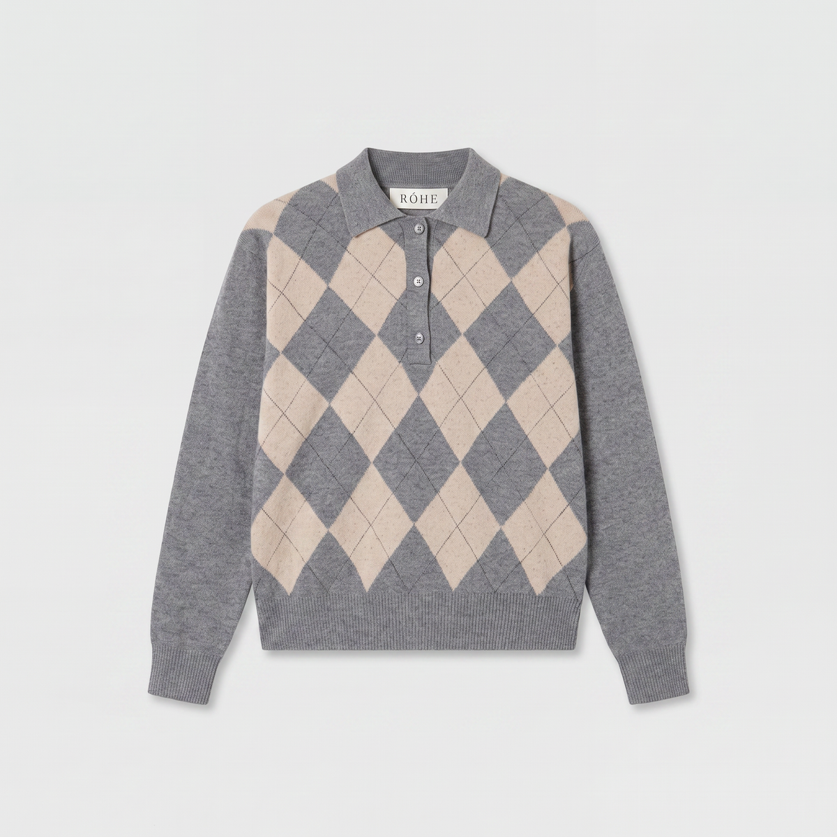 Róhe Argyle Mouliné Poloshirt Grey/ Oat Check