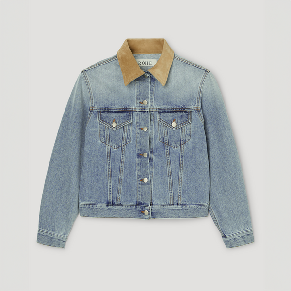 Róhe Suede Collar Fitted Denim Jacket Classic Blue