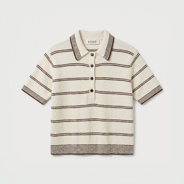 Róhe Towelling Striped Poloshirt Cream/ Brown Stripe