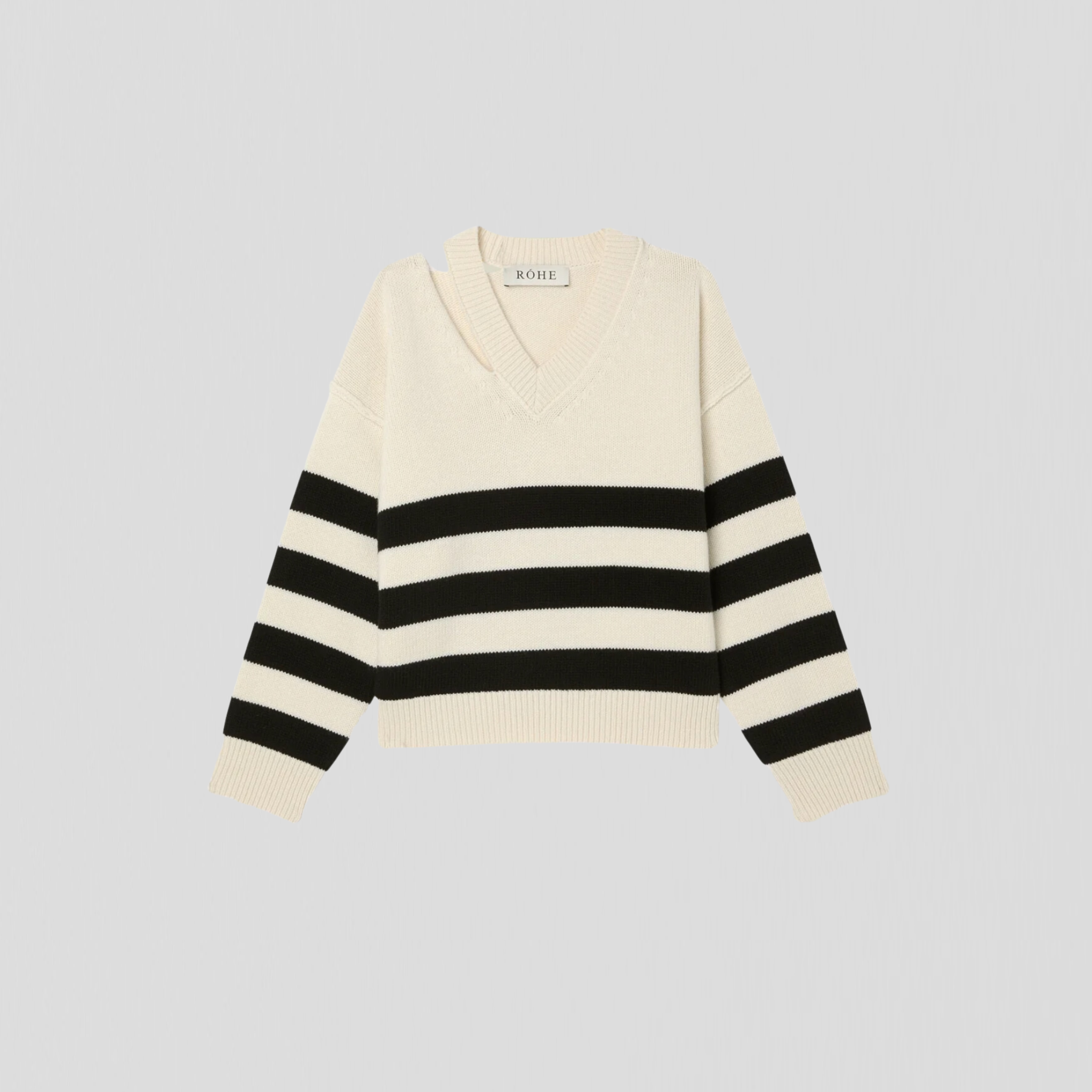 Róhe Deconstructed Cashmere Breton V-Neck Knit Off White/ Black Wide Stripe