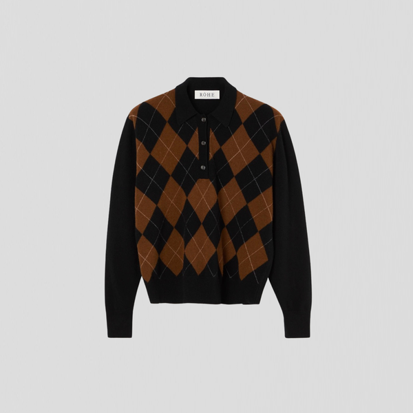 Róhe Compact Knitted Check Poloshirt Black Rust Check